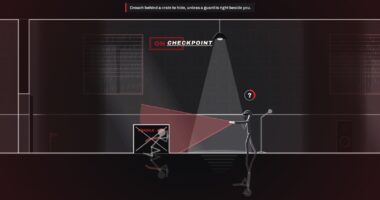 Film-noir stealth scene: a thief hiding behind a crate while a guard sweeps a flashlight cone
