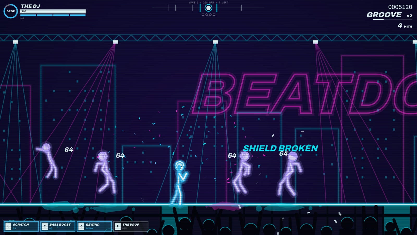 Neon DJ unleashing a stage-wide blast with confetti and a flash as the music drops