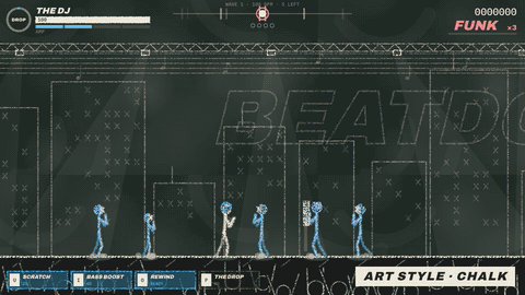 BEATDOWN gameplay: a stick-figure DJ fights enemies on the beat while the art style switches through chalk, riso print, neon laser, pencil sketch, comic ink, pixel art, ink brush, blueprint and film noir.