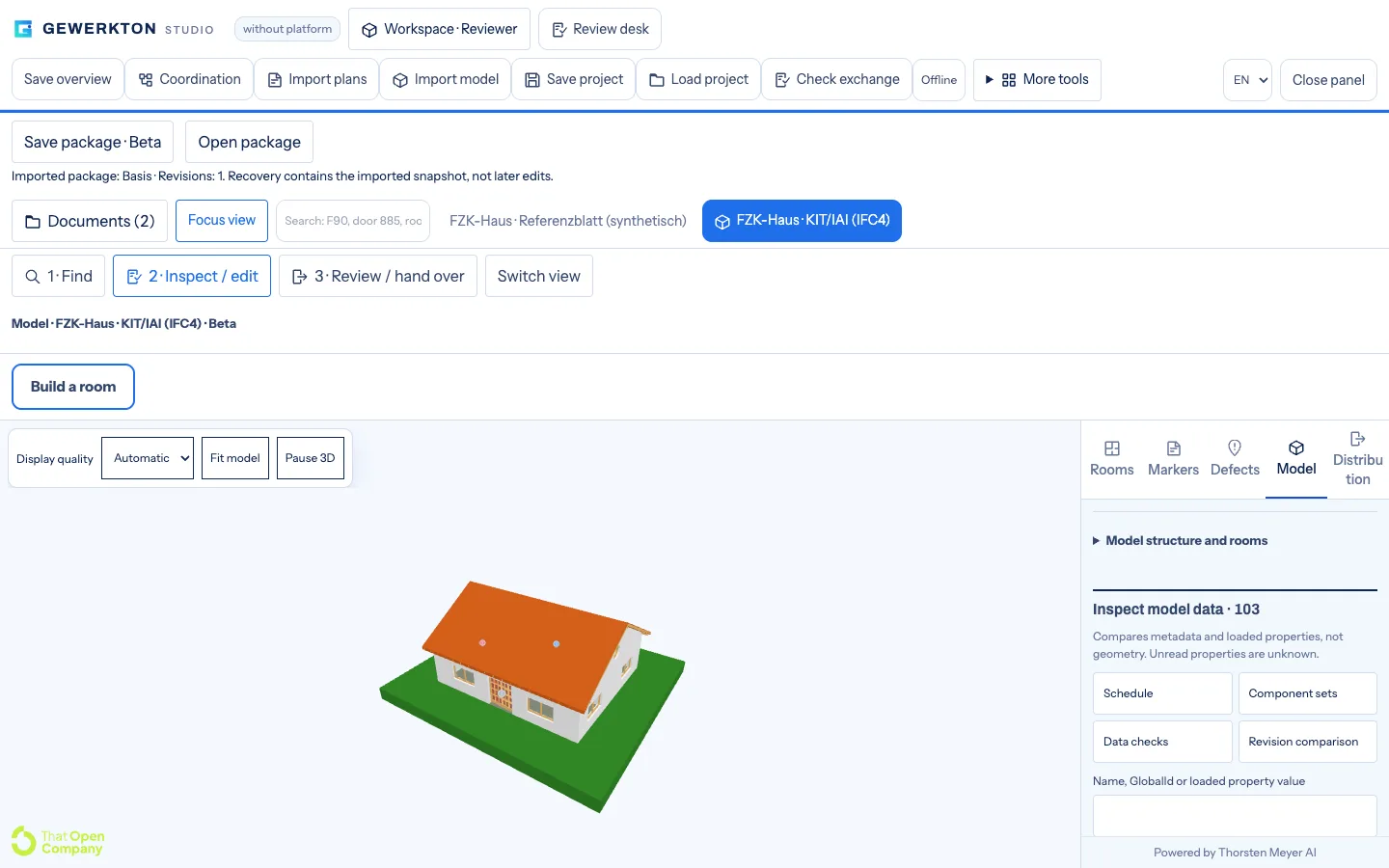 Plans and models in the browser: what Gewerkton Studio checks without a CAD workstation 4 Gewerkton Studio with an English interface showing the IFC model of a small detached house in 3D, defect pins above the roof and the Inspect model data panel on the right