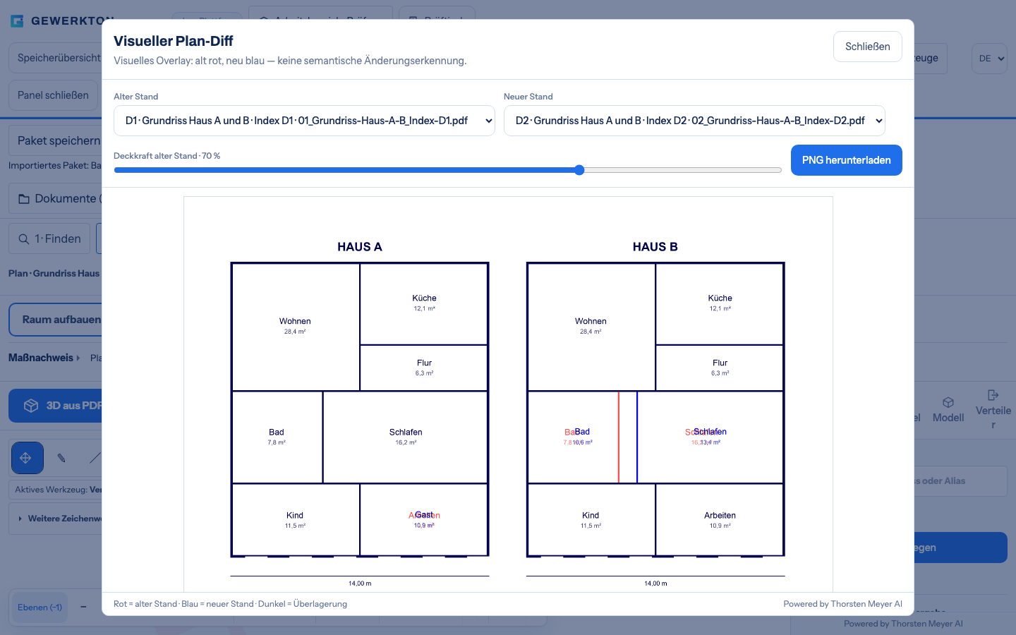 Plans and models in the browser: what Gewerkton Studio checks without a CAD workstation 3 Visual plan diff in Gewerkton Studio with a German interface: floor plans of house A and house B, the older revision in red overlaid with the newer revision in blue, an opacity slider and a button to download the overlay as PNG